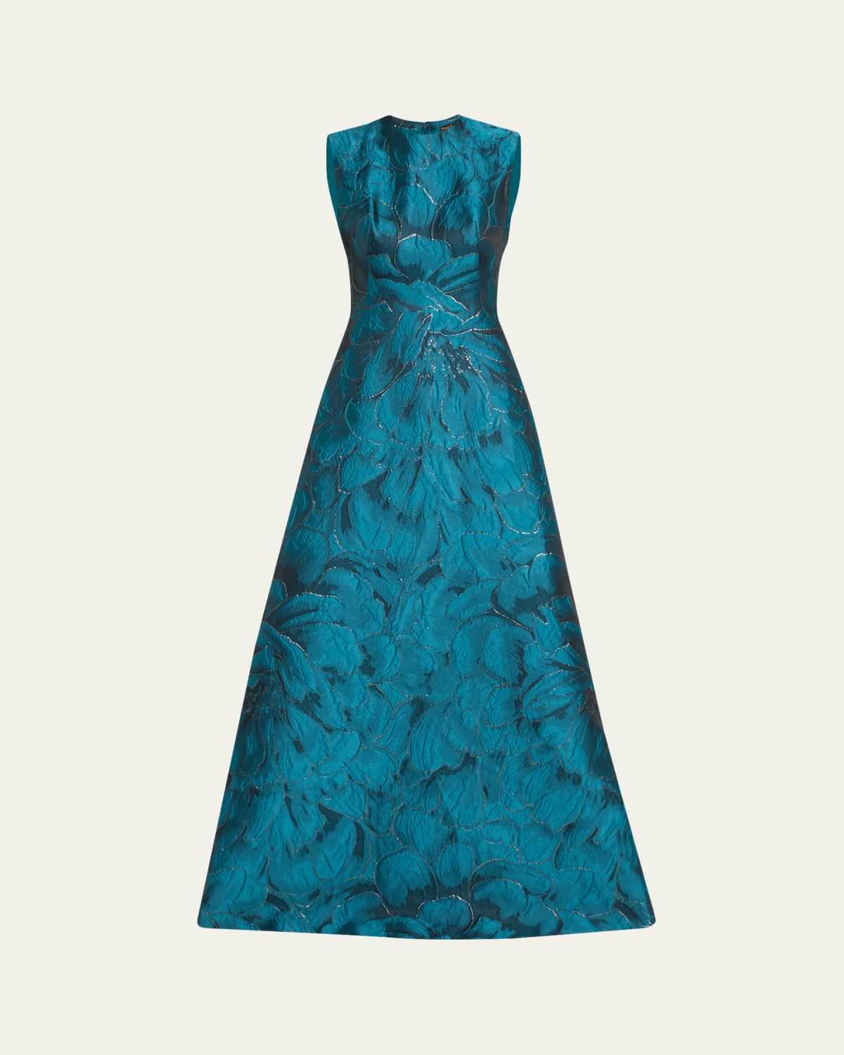 Reem Acra Jewel-Neck Sleeveless Floral Brocade Gown