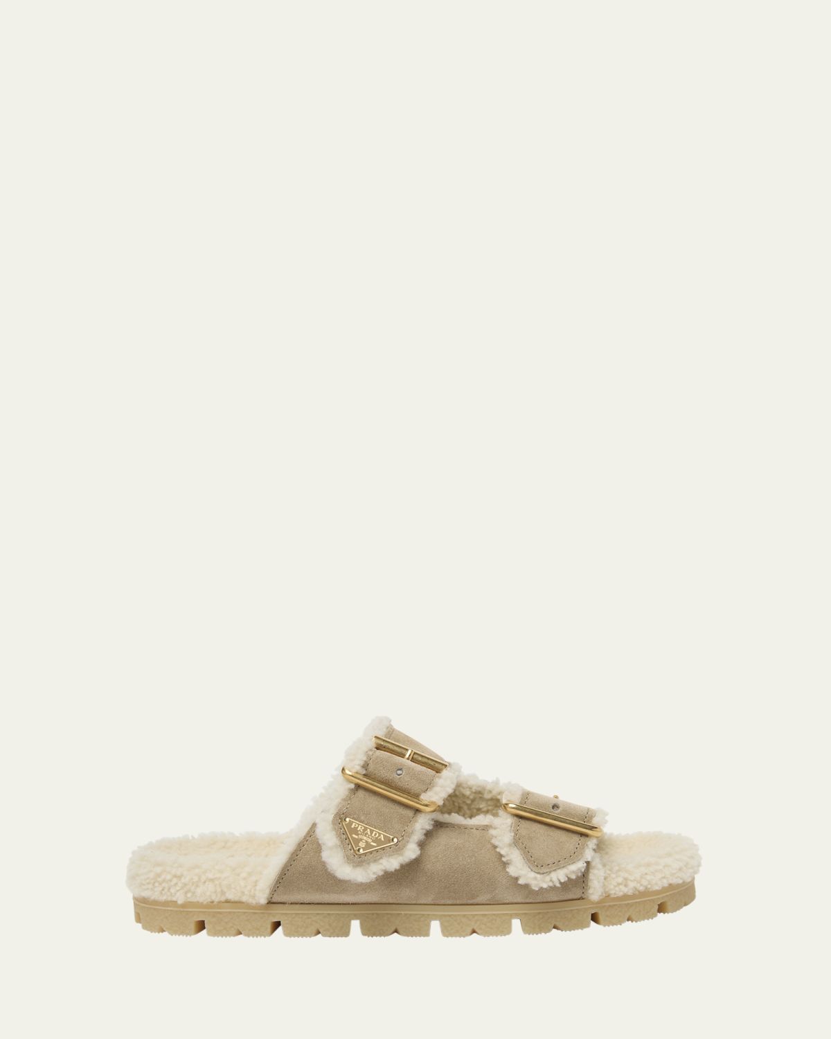 Prada Suede Shearling Lined Dual-Buckle Slide Sandals