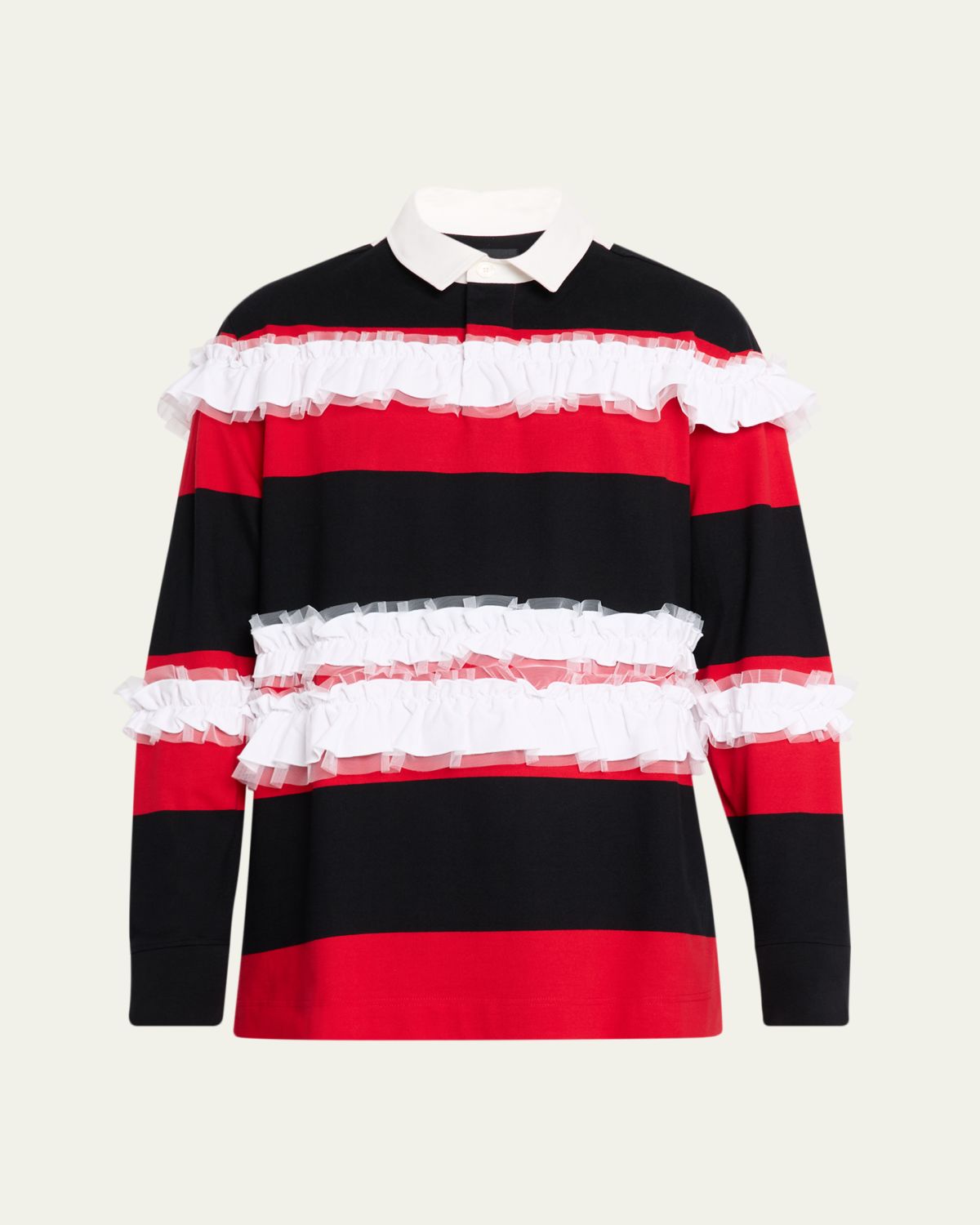 Simone Rocha Men's Stripe Ruffle-Trim Long-Sleeve Polo Shirt