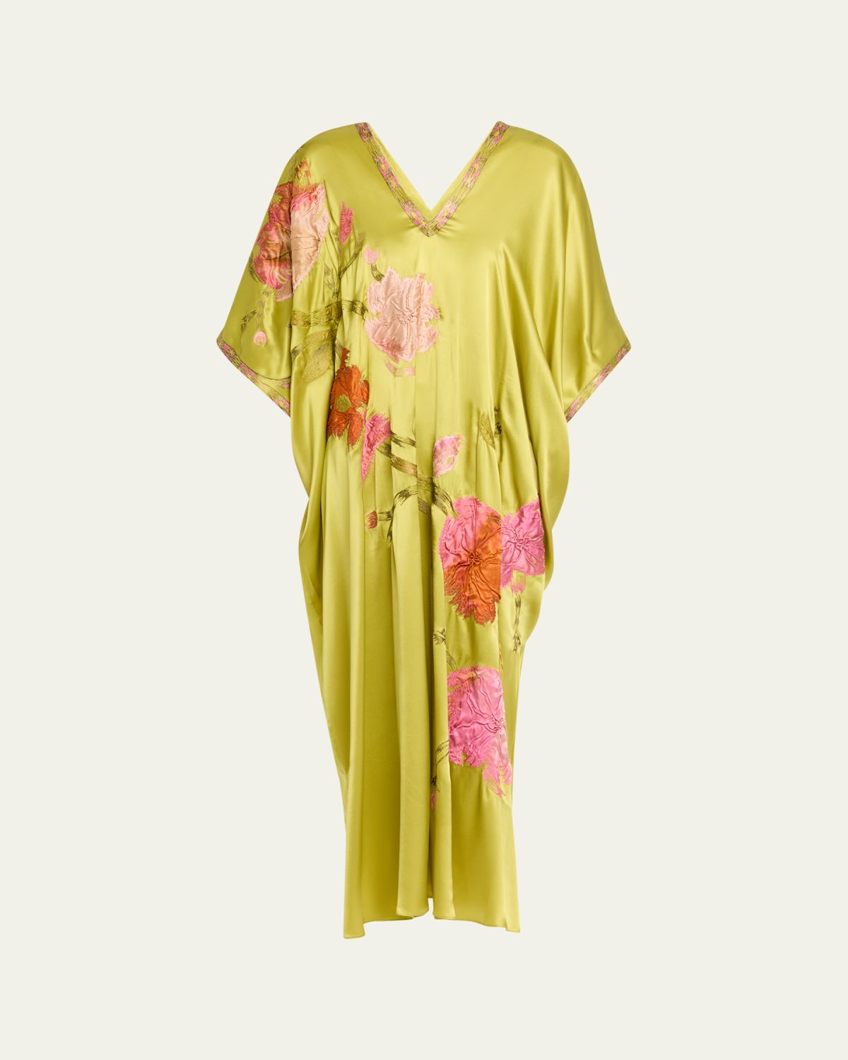 Josie Natori Floral-Embroidered Silk Caftan