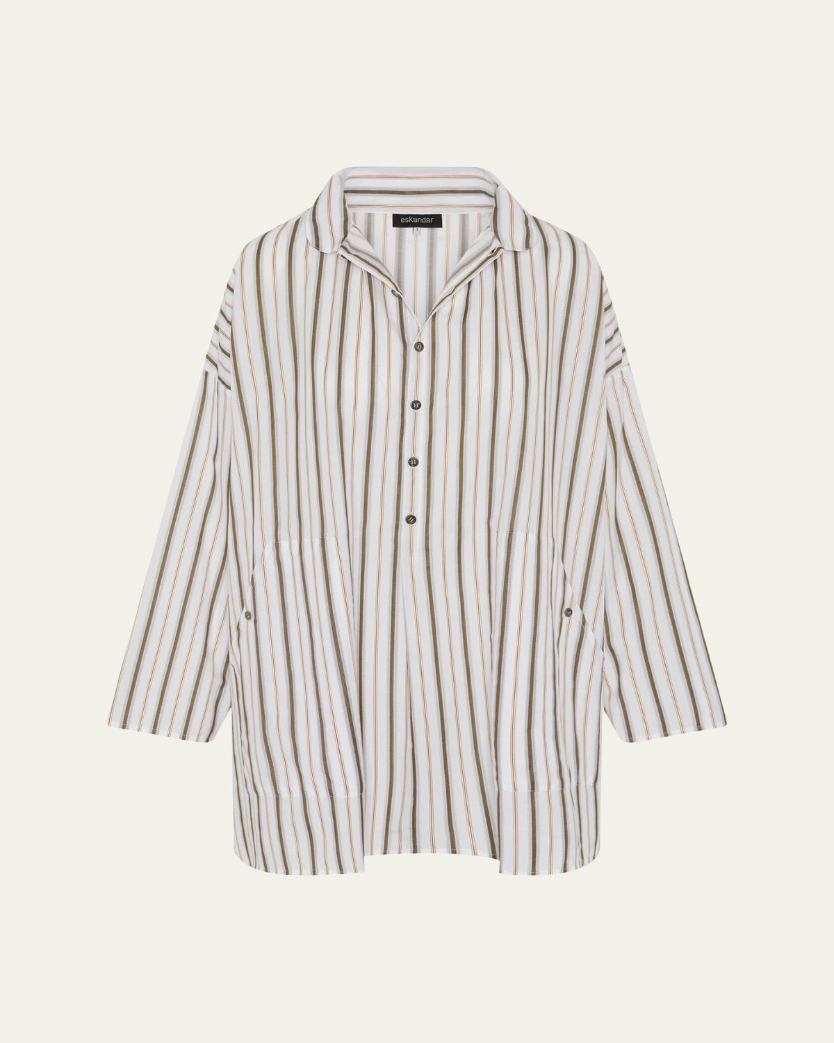 Eskandar Sloped-Shoulder Wide A-Line Artists Smock With Pleated Collar (Long Plus Length)