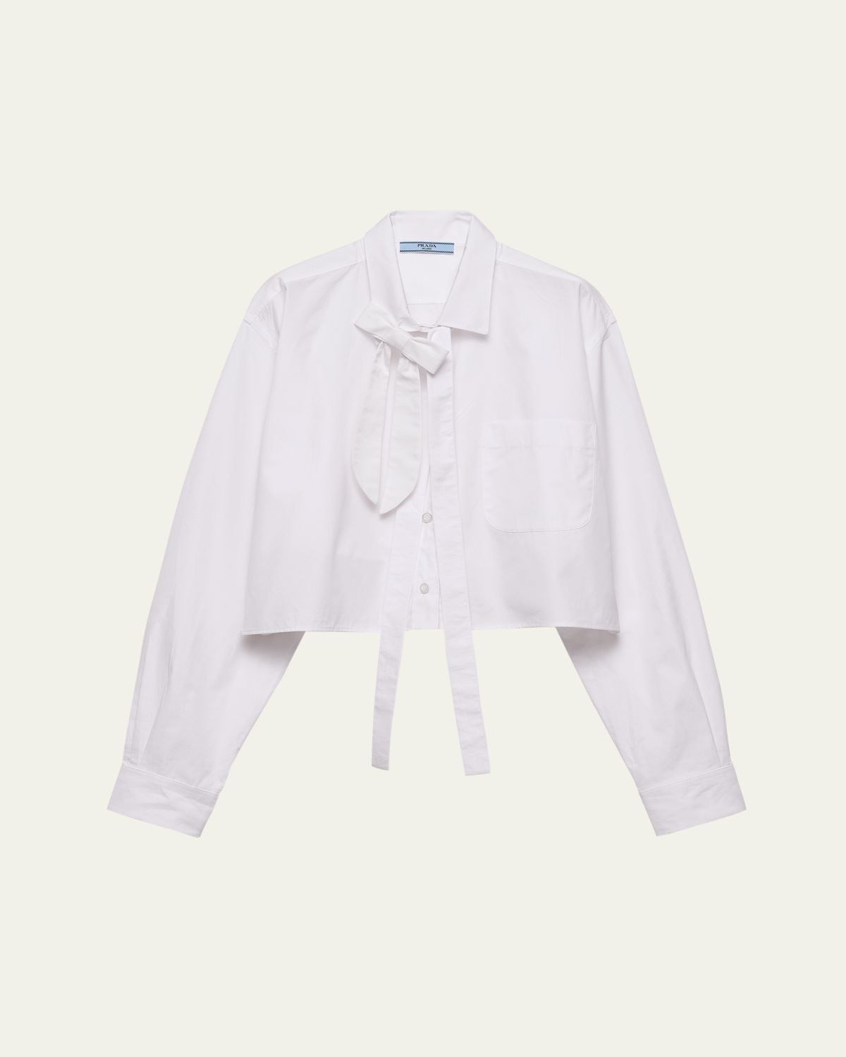 Prada Neck-Tie Popeline Crop Button-Down Shirt