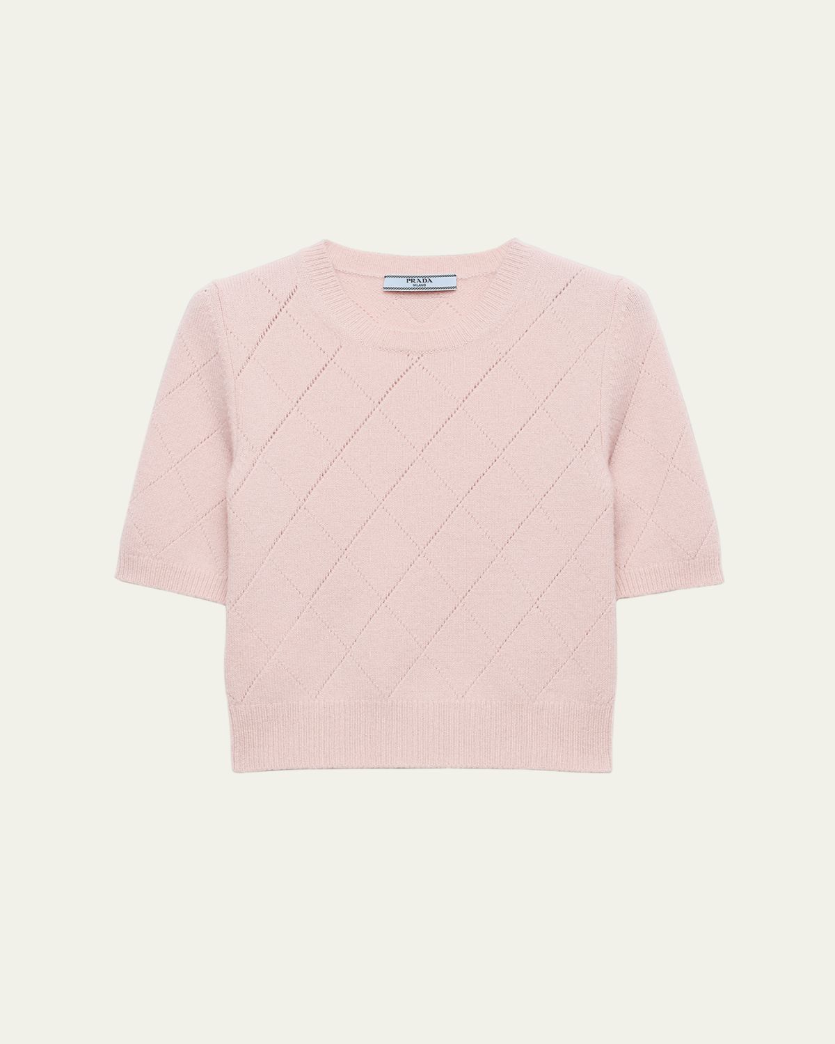Prada Cashmere Argyle Pointelle Knit Short-Sleeve Sweater