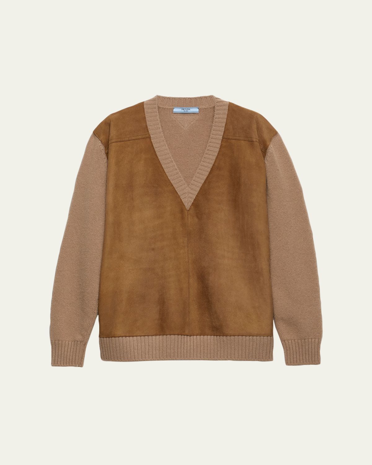 Prada Suede-Front V-Neck Cashmere Sweater