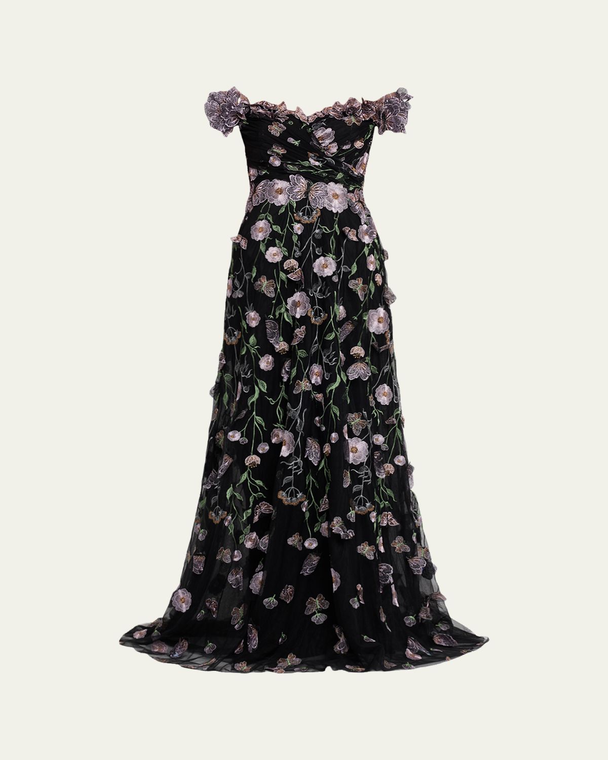 Rickie Freeman for Teri Jon Embroidered Off-Shoulder Tulle Gown