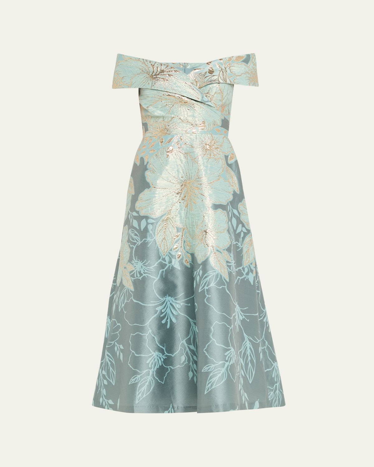 Rickie Freeman for Teri Jon Off-Shoulder Metallic Jacquard Midi Dress