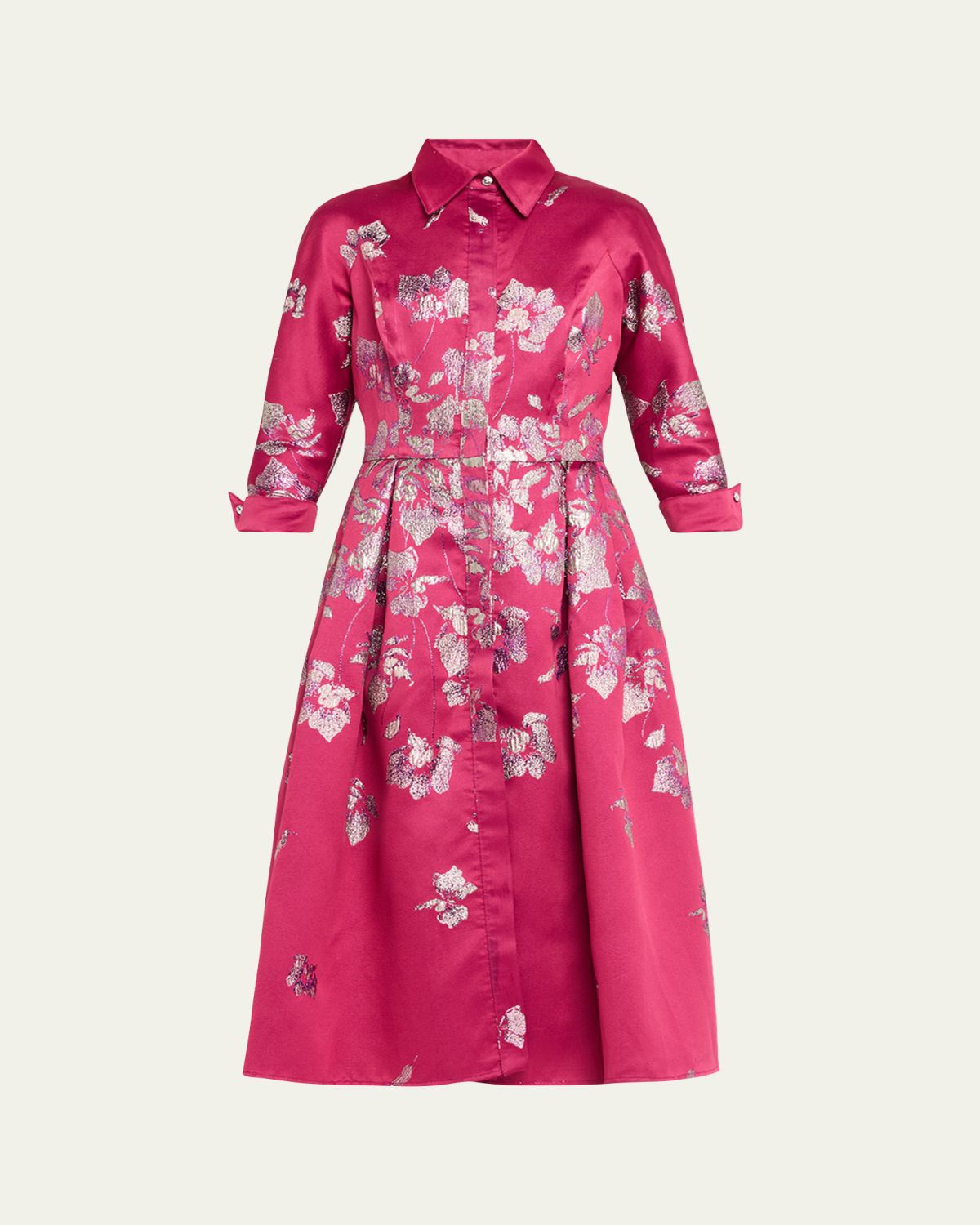 Rickie Freeman for Teri Jon Pleated Metallic Jacquard Midi Shirtdress