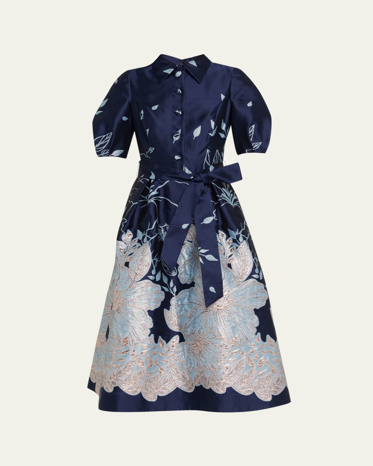 Rickie Freeman for Teri Jon Puff-Sleeve Floral Jacquard Midi Shirtdress