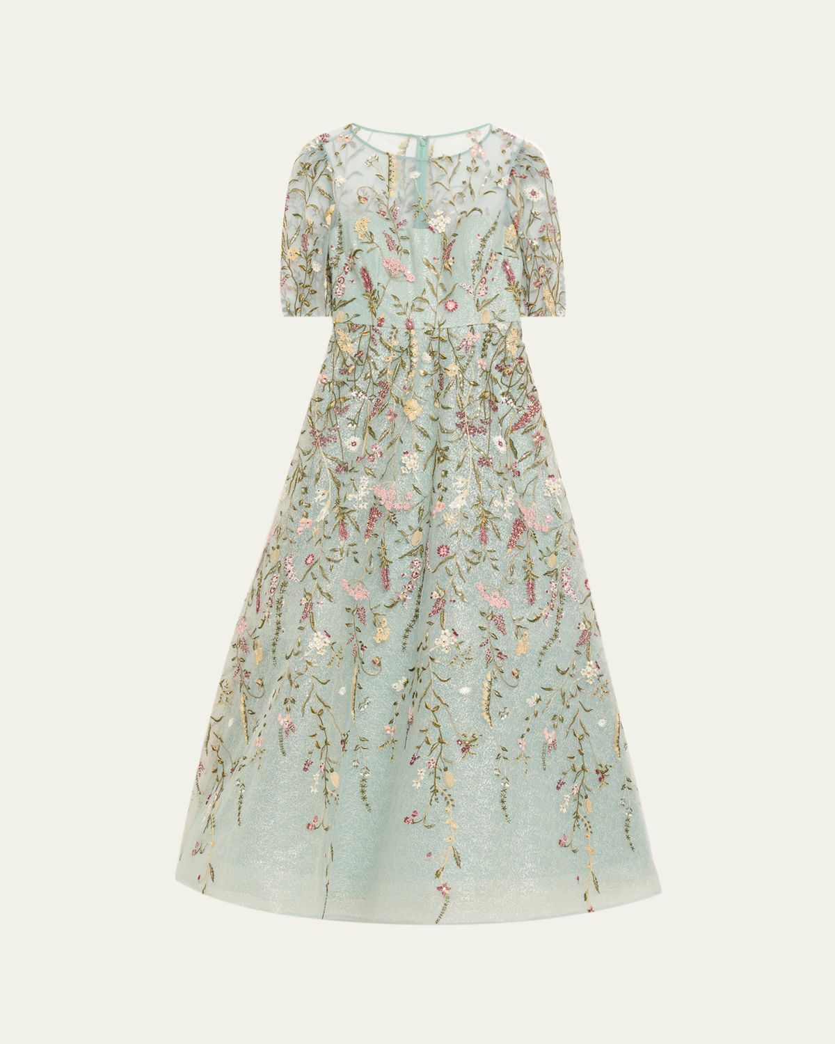 Rickie Freeman for Teri Jon Floral-Embroidered Shimmer Mesh Gown