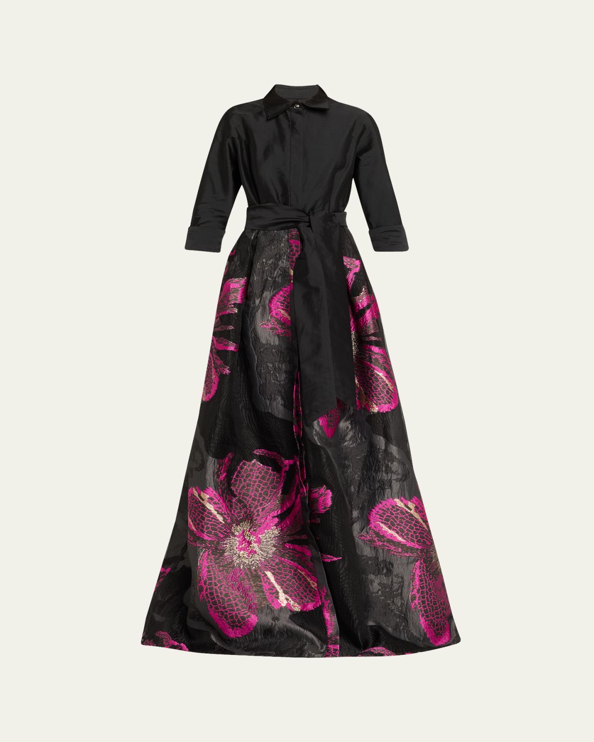 Rickie Freeman for Teri Jon Metallic Floral Jacquard Shirt Gown