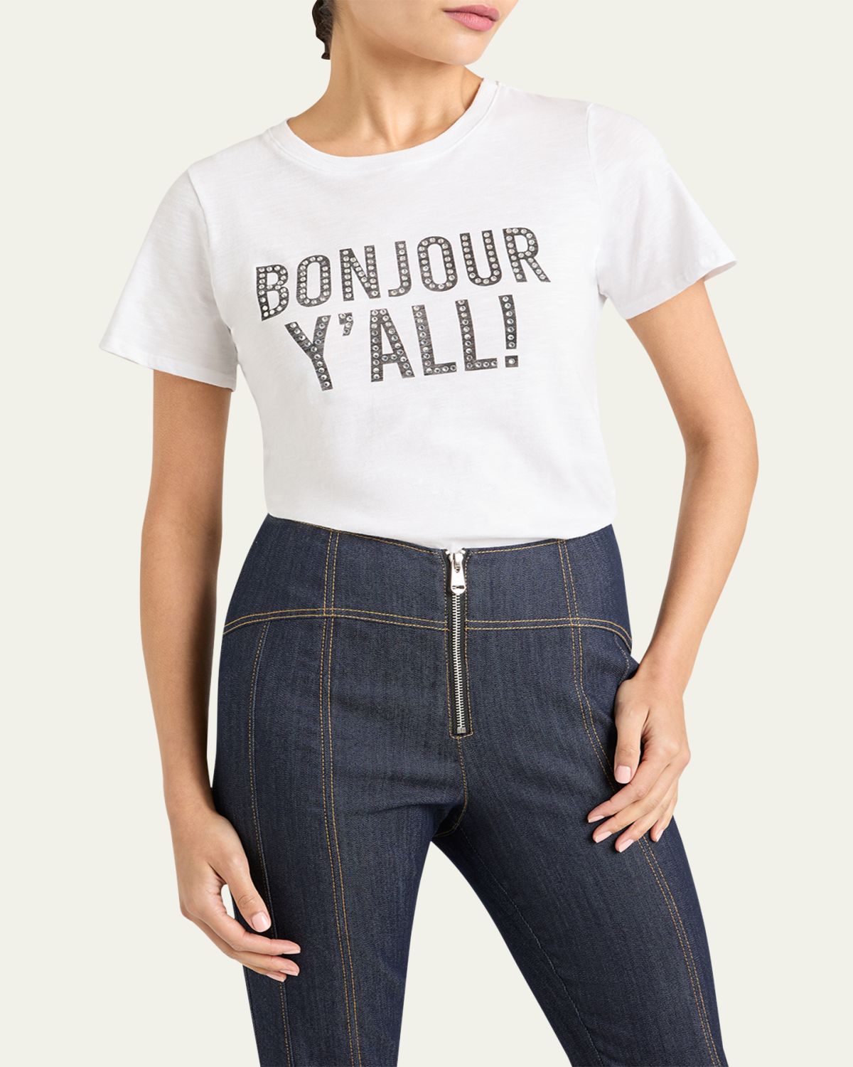 Cinq a Sept Bonjour Y'all Embellished Shrunken Tee | Thumbnail 3 Cinq a Sept Bonjour Y'all Embellished Shrunken Tee | Thumbnail 3