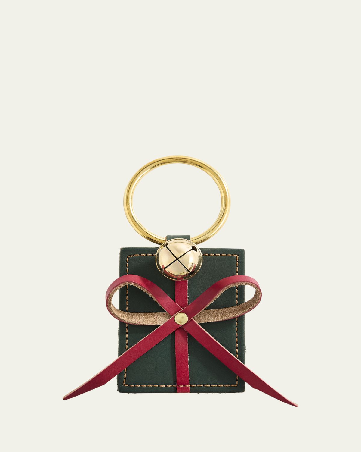 Belsnickel Green & Red Leather Gift Box Decorative Charm with Brass Bell