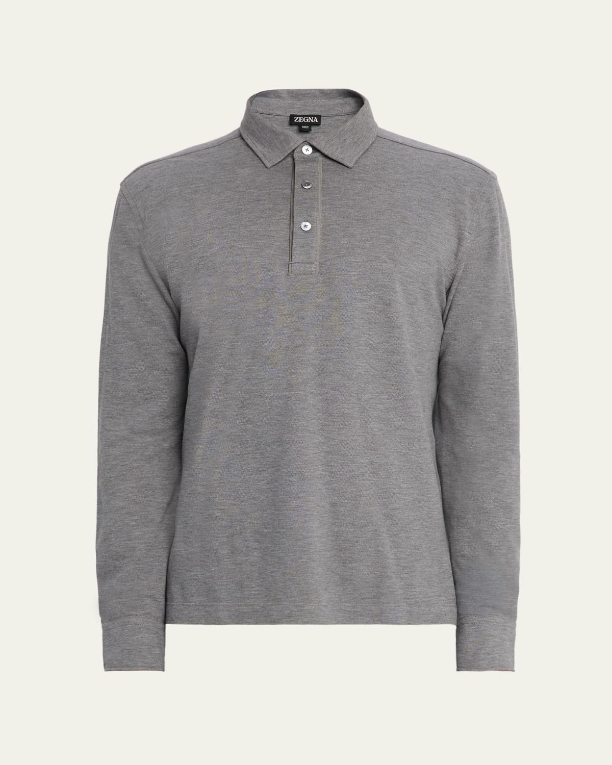 ZEGNA Men 's Leather-Trim Melange Cotton Long-Sleeve Polo Shirt