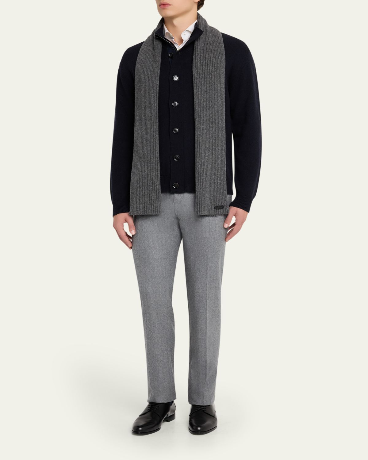Brioni Men's Cashmere Rib Leather-Label Scarf | Thumbnail 2
