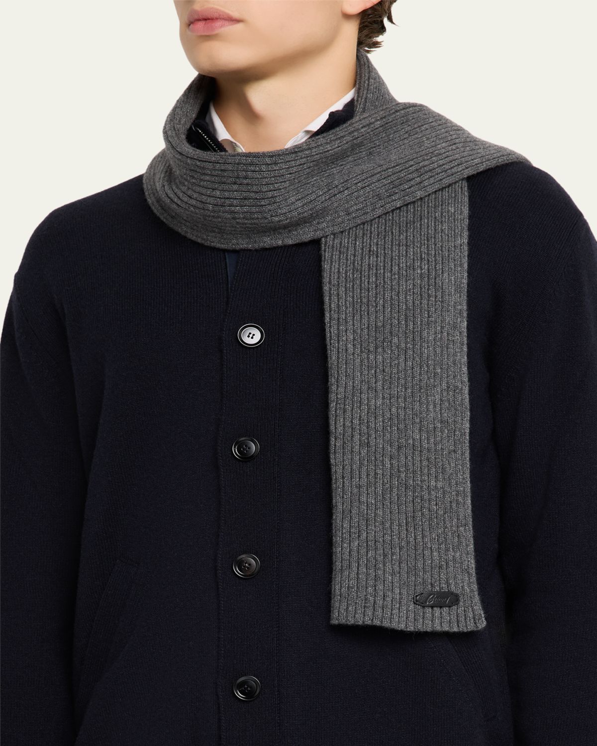 Brioni Men's Cashmere Rib Leather-Label Scarf | Thumbnail 3