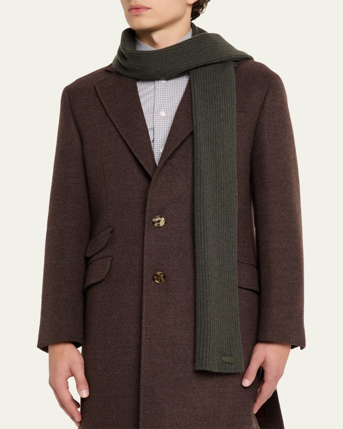 Brioni Men's Cashmere Rib Leather-Label Scarf | Thumbnail 3 Brioni Men's Cashmere Rib Leather-Label Scarf | Thumbnail 3
