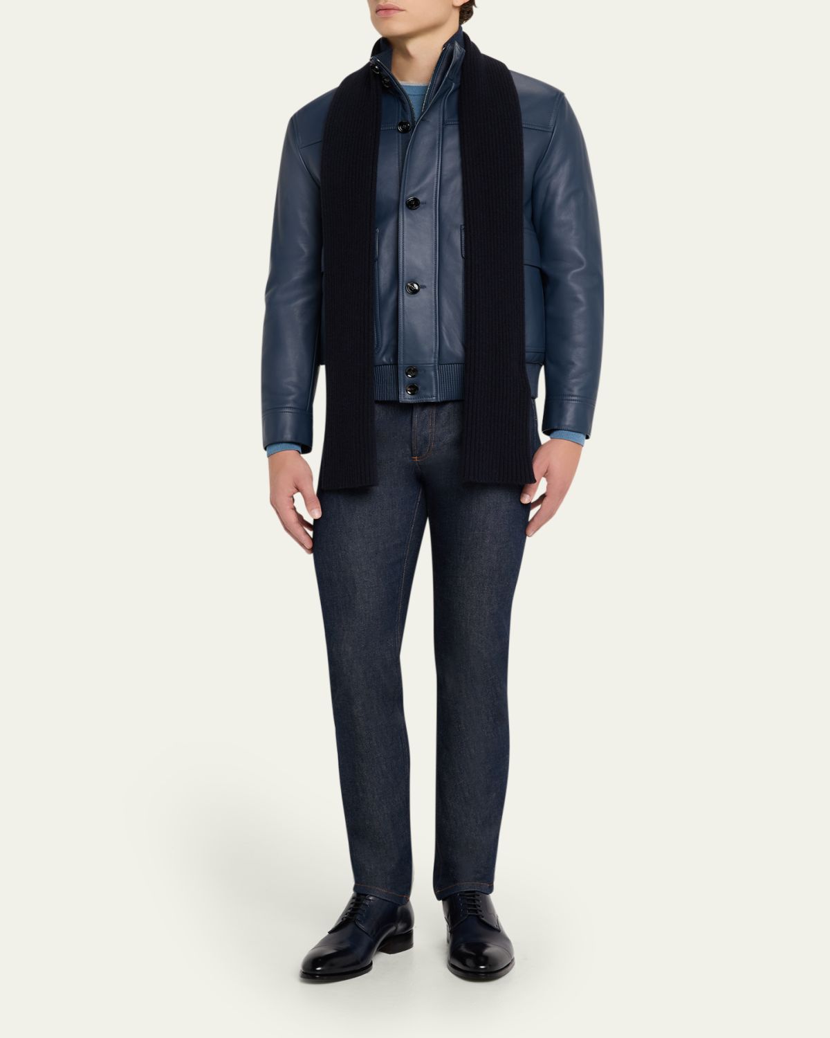 Brioni Men's Cashmere Rib Leather-Label Scarf | Thumbnail 2