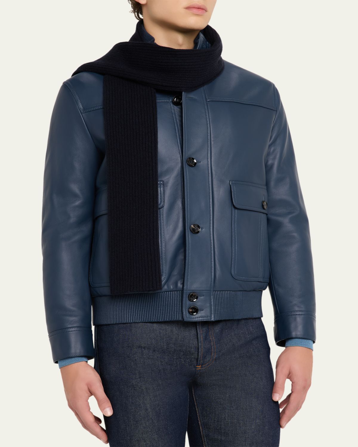 Brioni Men's Cashmere Rib Leather-Label Scarf | Thumbnail 3