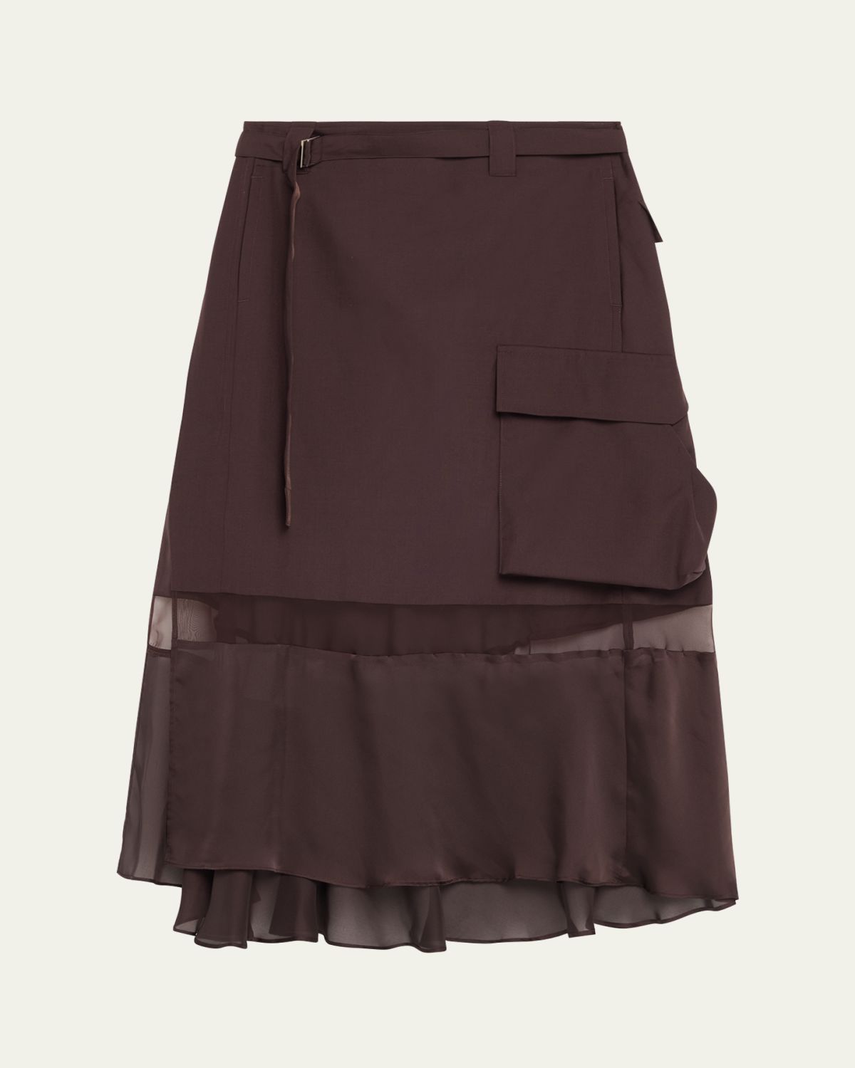 SACAI Belted Sheer-Insert Midi Skirt