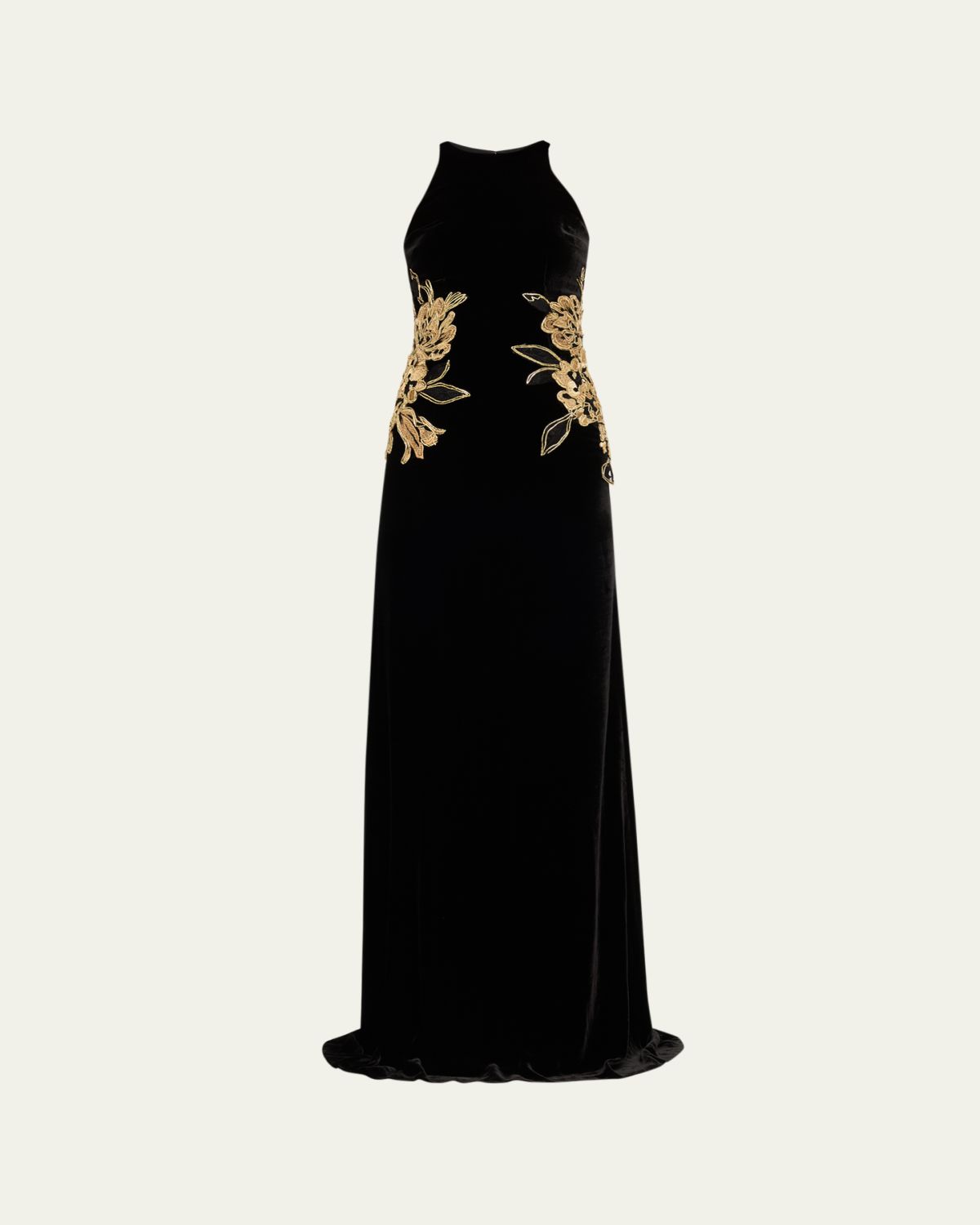 Naeem Khan Waist Applique Velvet Halter Gown
