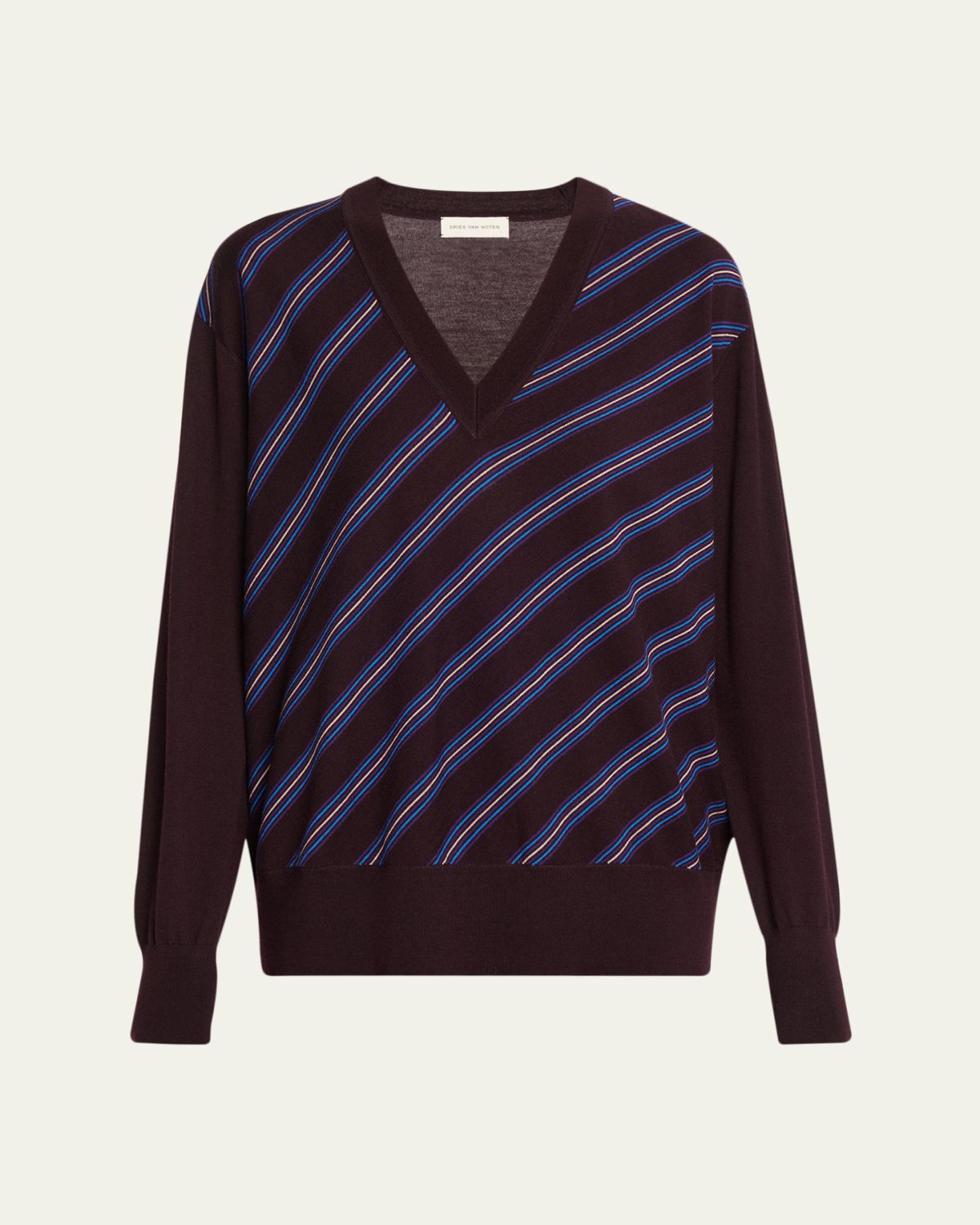Dries Van Noten Tishana Striped V-Neck Wool Sweater