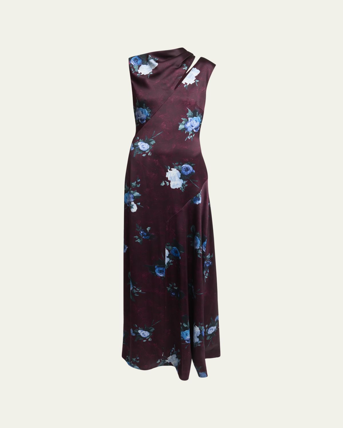 Floral Satin Slash-Cutout Sleeveless Gown