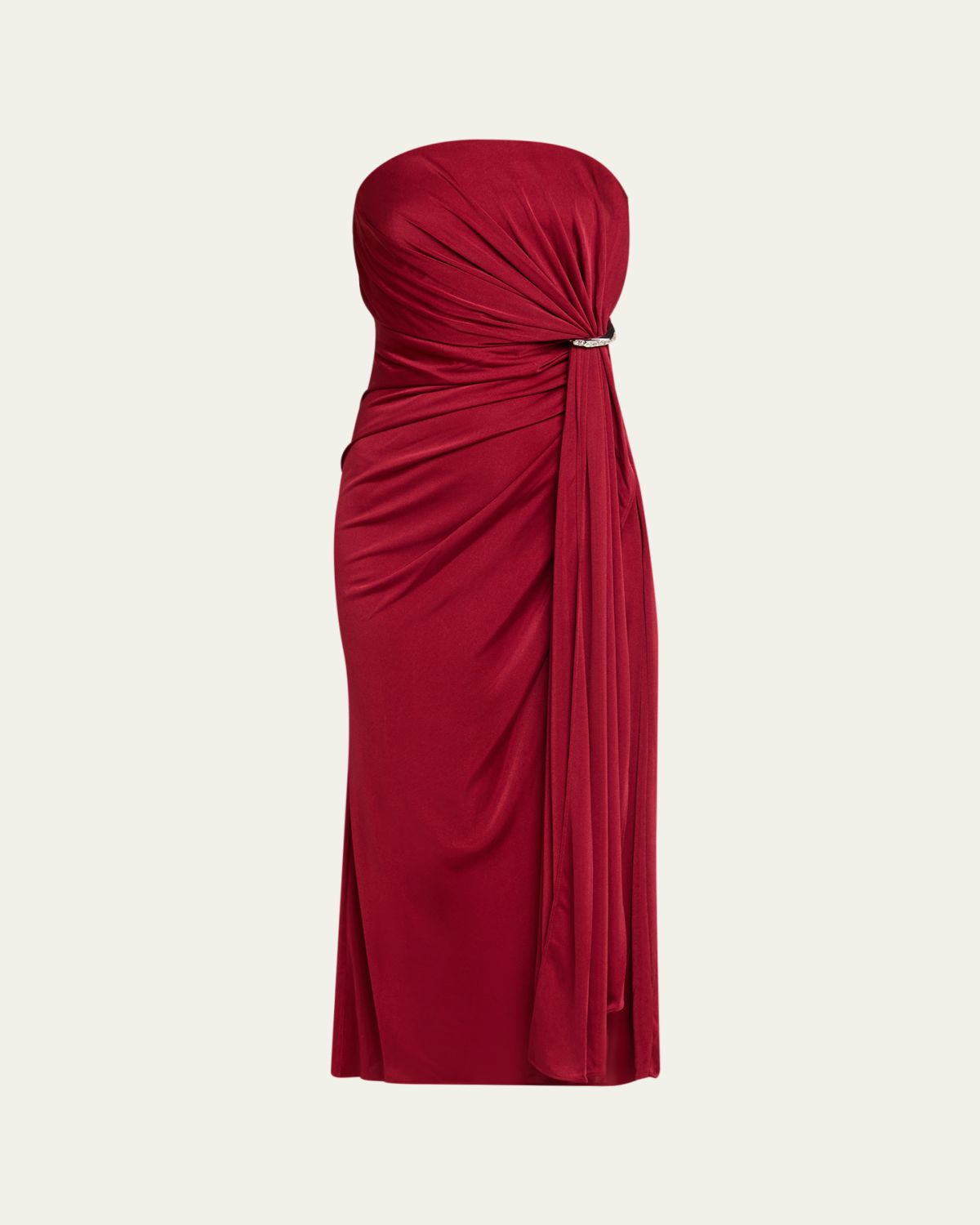 Halston Nadia Strapless Draped Jersey Midi Dress