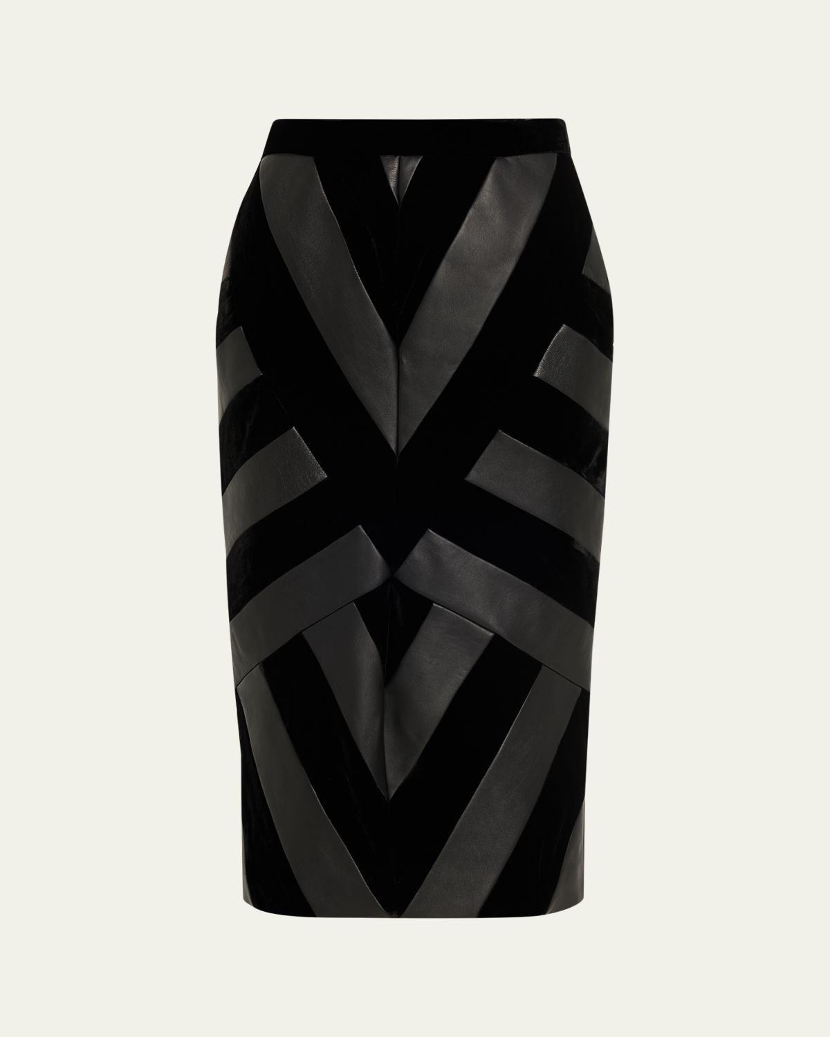 Sergio Hudson Chevron Paneled Leather Midi Pencil Skirt