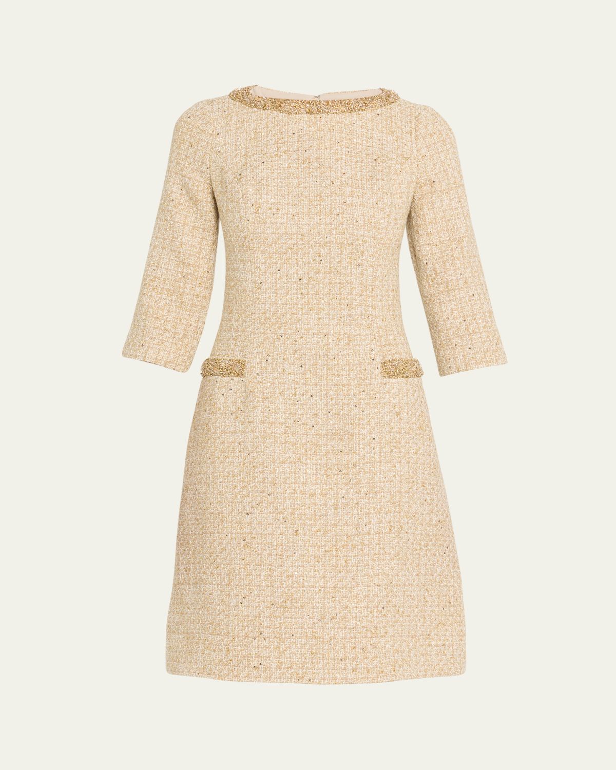 Rickie Freeman for Teri Jon Metallic Boucle Jewel-Trim A-Line Dress