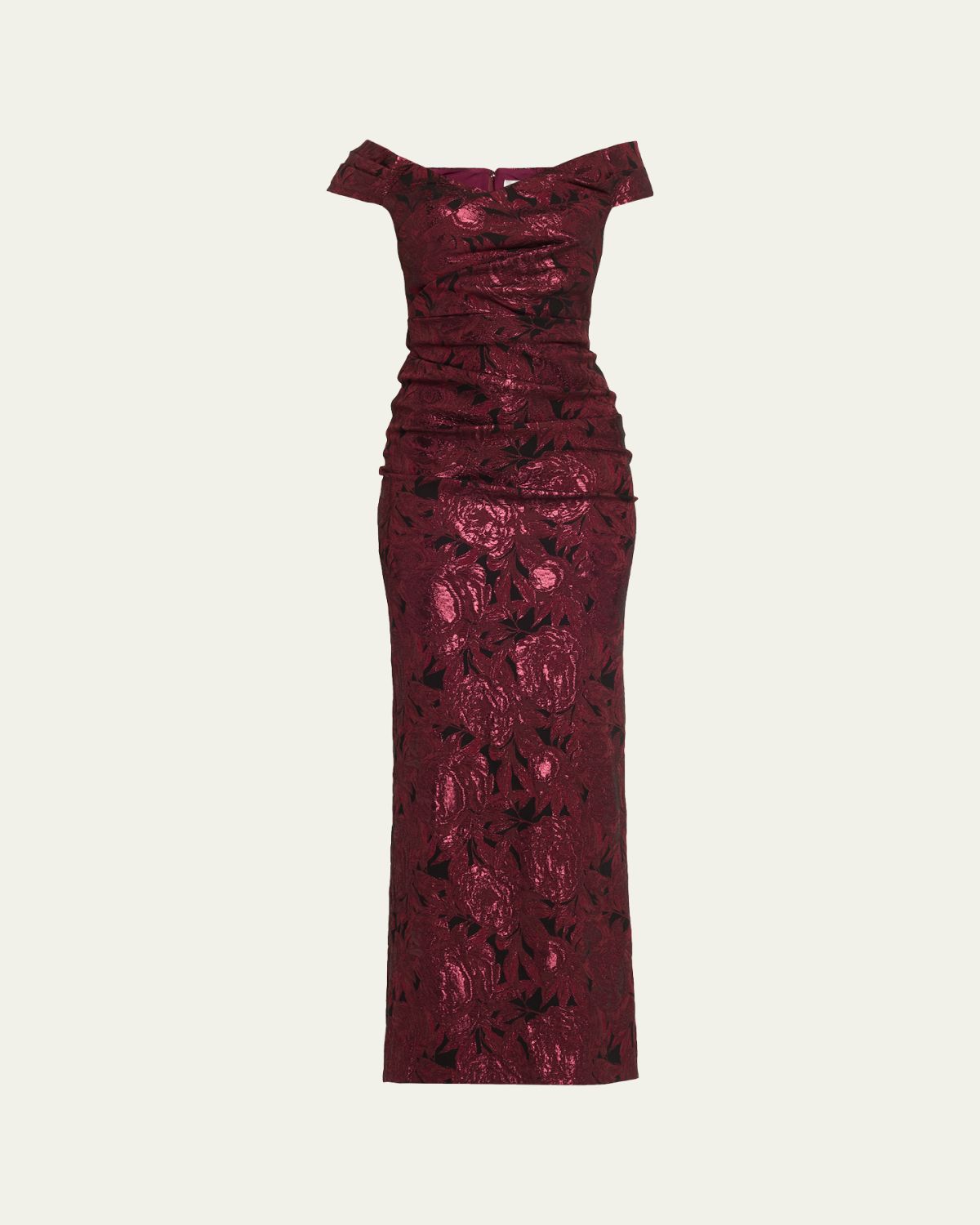 Rickie Freeman for Teri Jon Ruched Metallic Floral Jacquard Column Gown