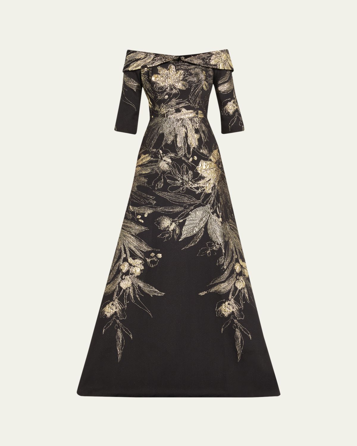 Rickie Freeman for Teri Jon Metallic Jacquard Fold Off-the-Shoulder Gown