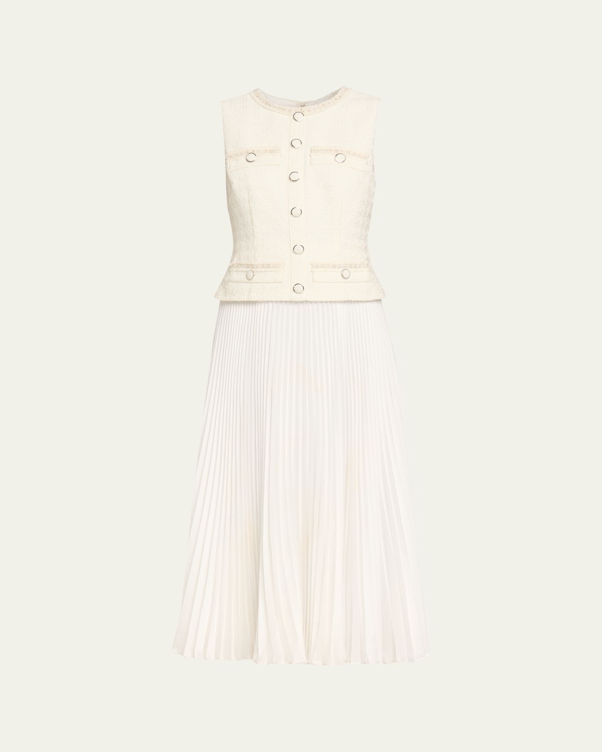 Milly Pleated Boucle Mixed Media Midi Dress