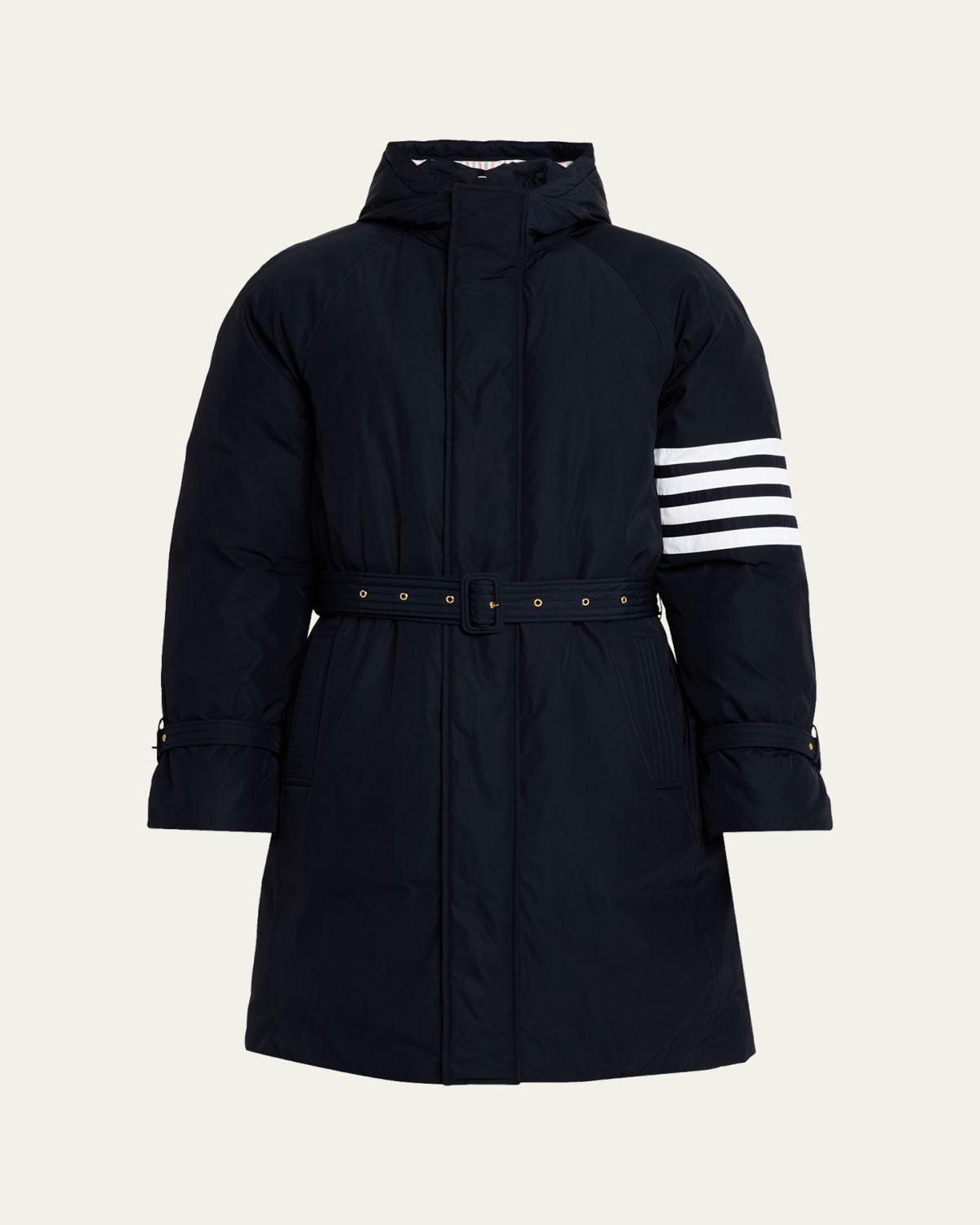 Thom Browne Men's Poly Twill 4-Bar Hooded Down Parka with Belt