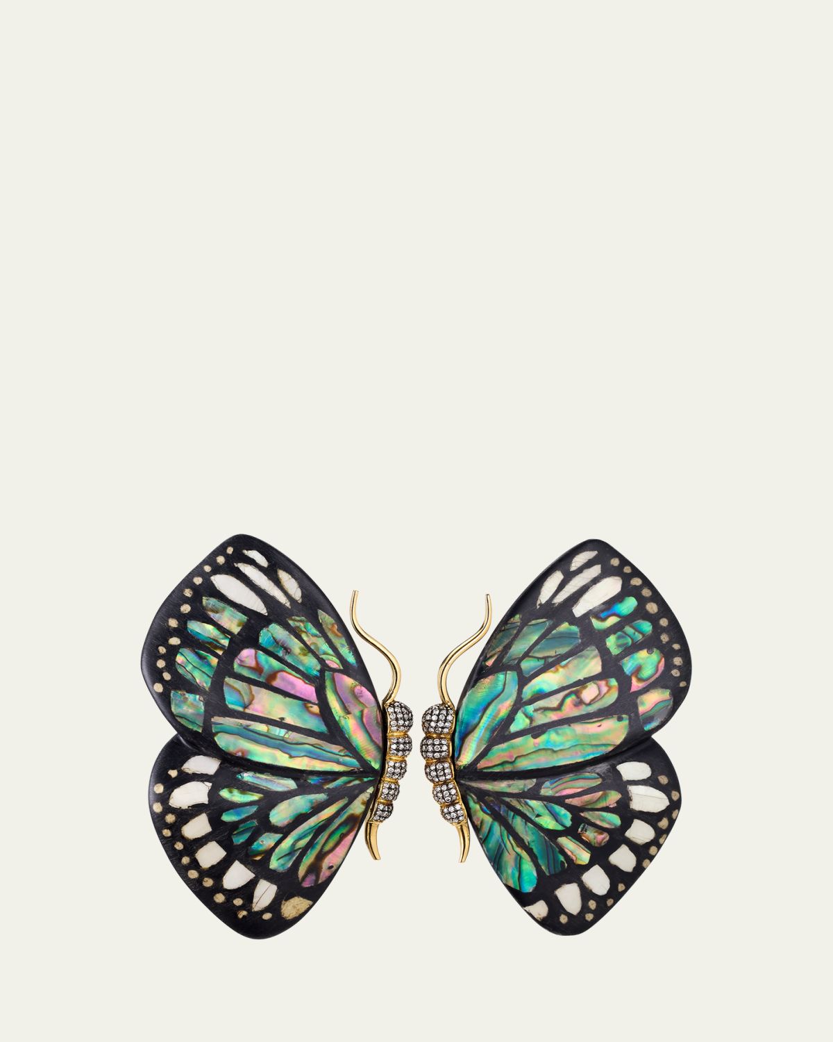 Silvia Furmanovich 18K Yellow Gold Butterfly Wing Marquetry Earrings with Mother Of Pearl, Abalone Inlay and Diamonds