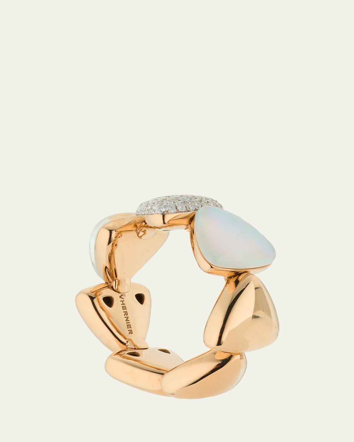 Vhernier Freccia Midi 18K White Gold Mother of Pearl and Rock Crystal Eternity Band with Diamonds, Size 7