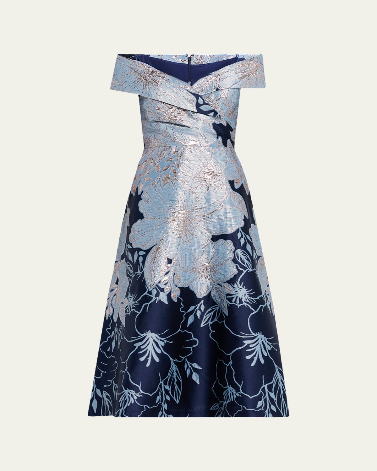 Rickie Freeman for Teri Jon Off-Shoulder Metallic Jacquard Midi Dress