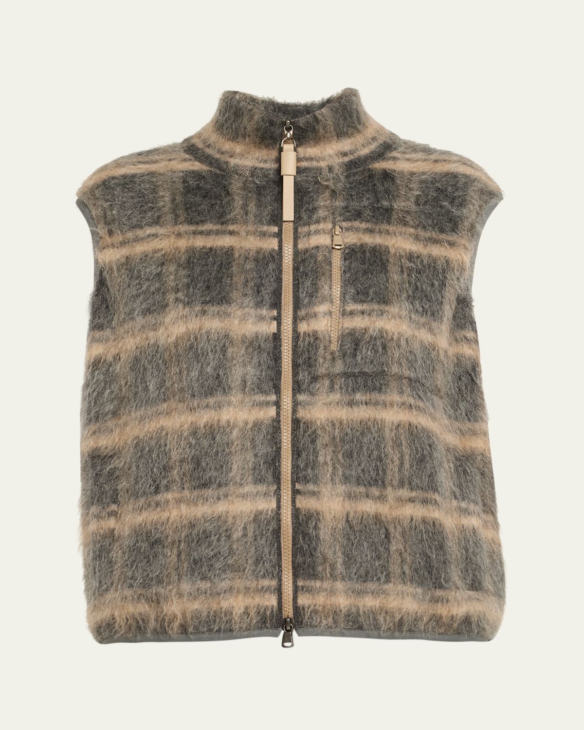 Brunello Cucinelli Fuzzy Check Wool-Mohair Zip Vest