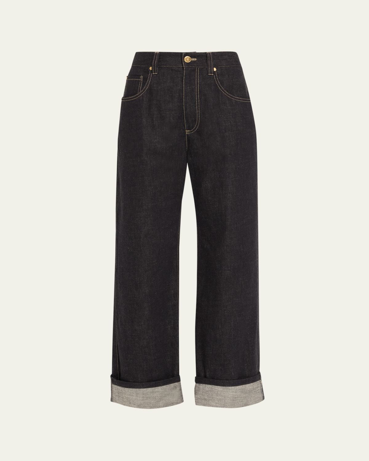 Brunello Cucinelli Dark-Wash Wide-Leg Cuffed Jeans