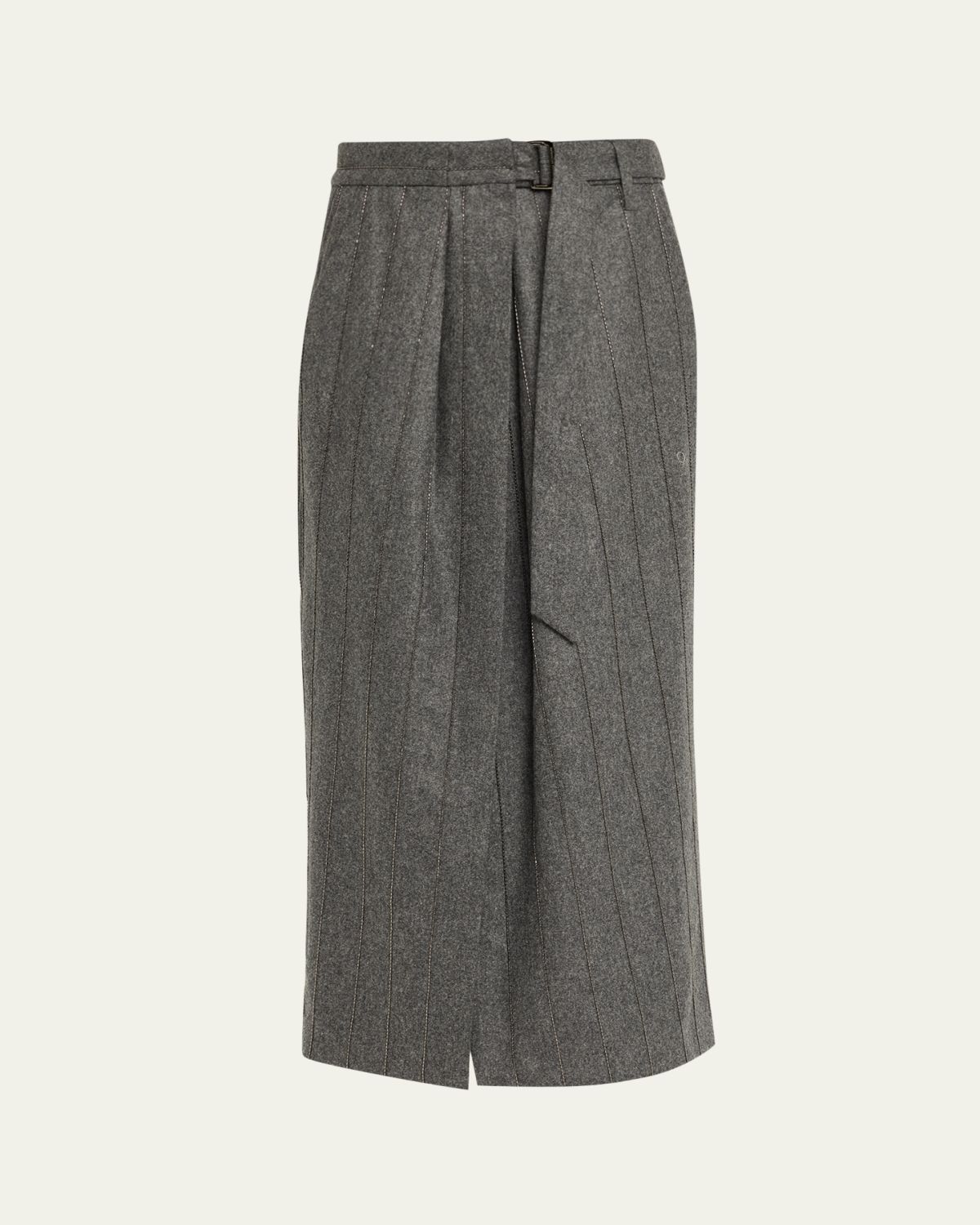 Brunello Cucinelli Monili Pinstripe Wool Flannel Wrap Midi Skirt