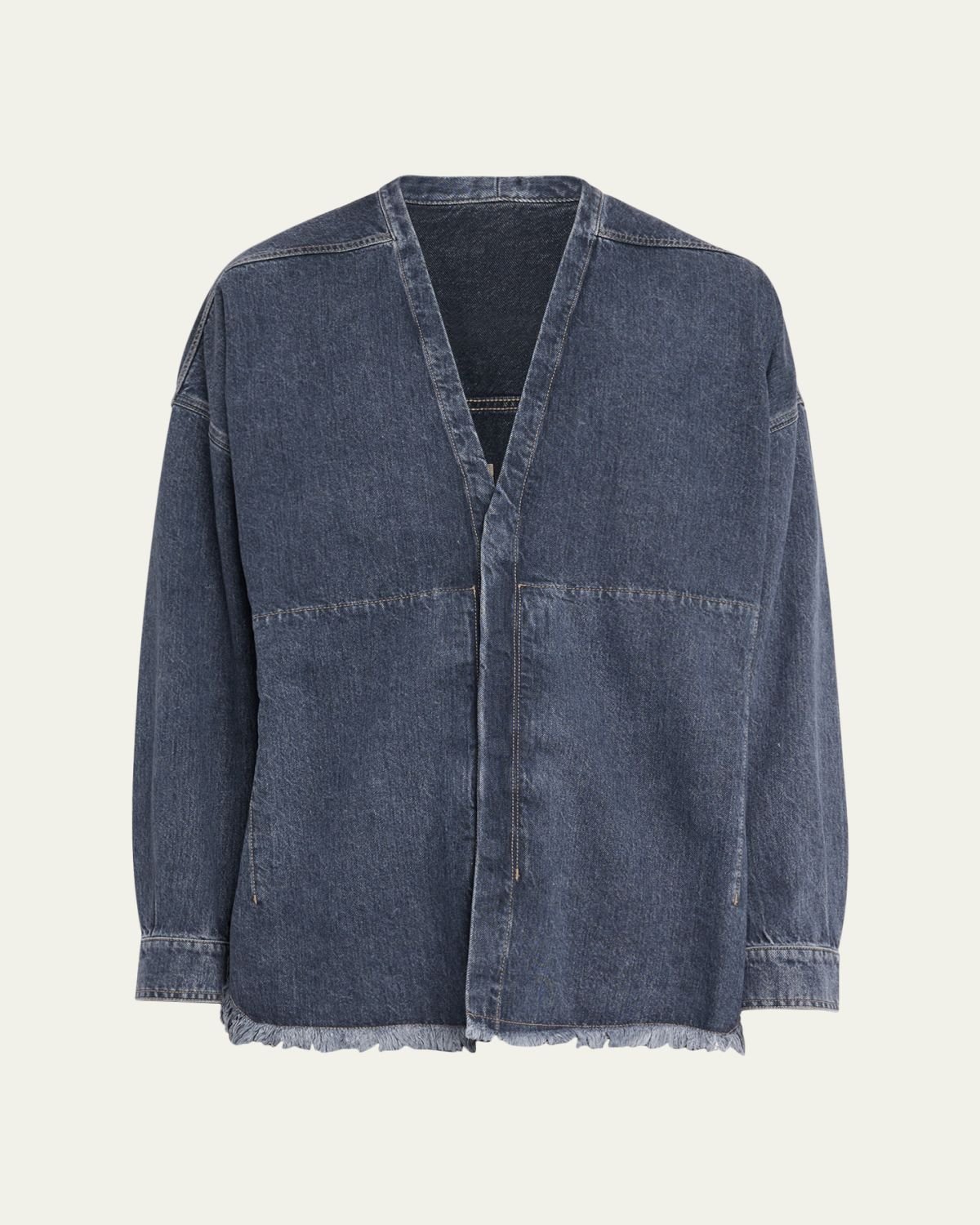 DRKSHDW RICK OWENS Men's Denim Fringe-Hem V-Neck Overshirt
