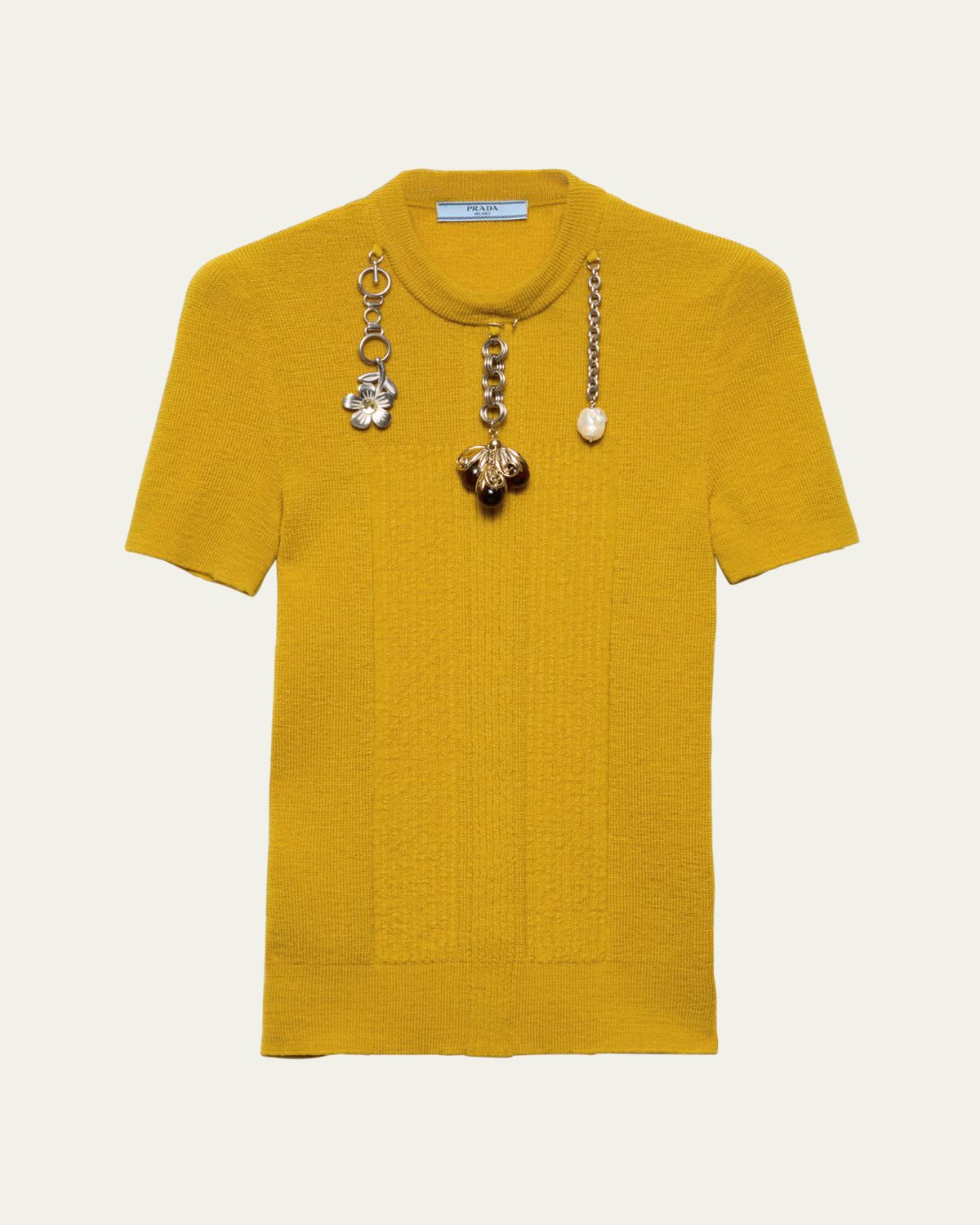Prada Chain Embroidered Wool Knit Short-Sleeve Sweater
