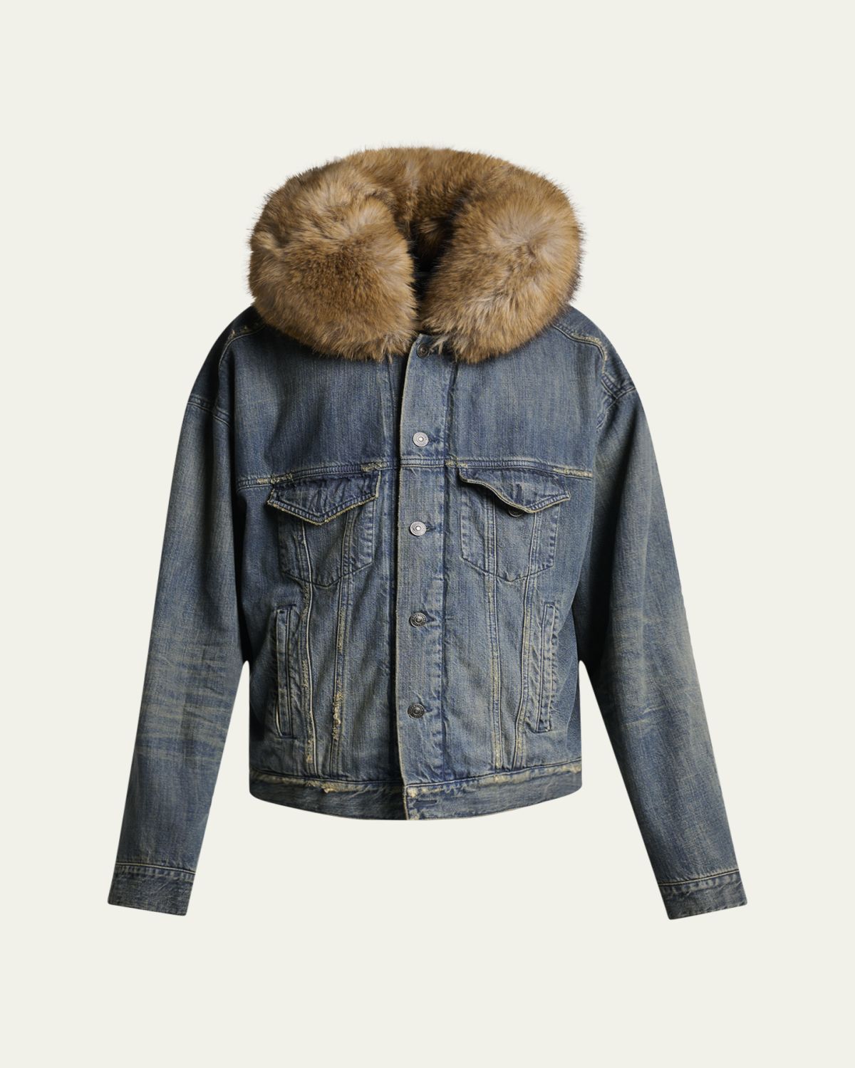 Balenciaga Men's Faux Fur-Trim Hooded Denim Trucker Jacket