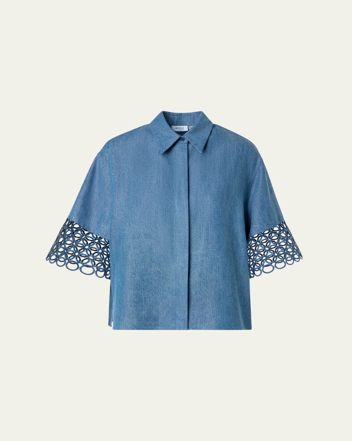 Akris punto Guipure Short-Sleeve Denim Button-Down Shirt