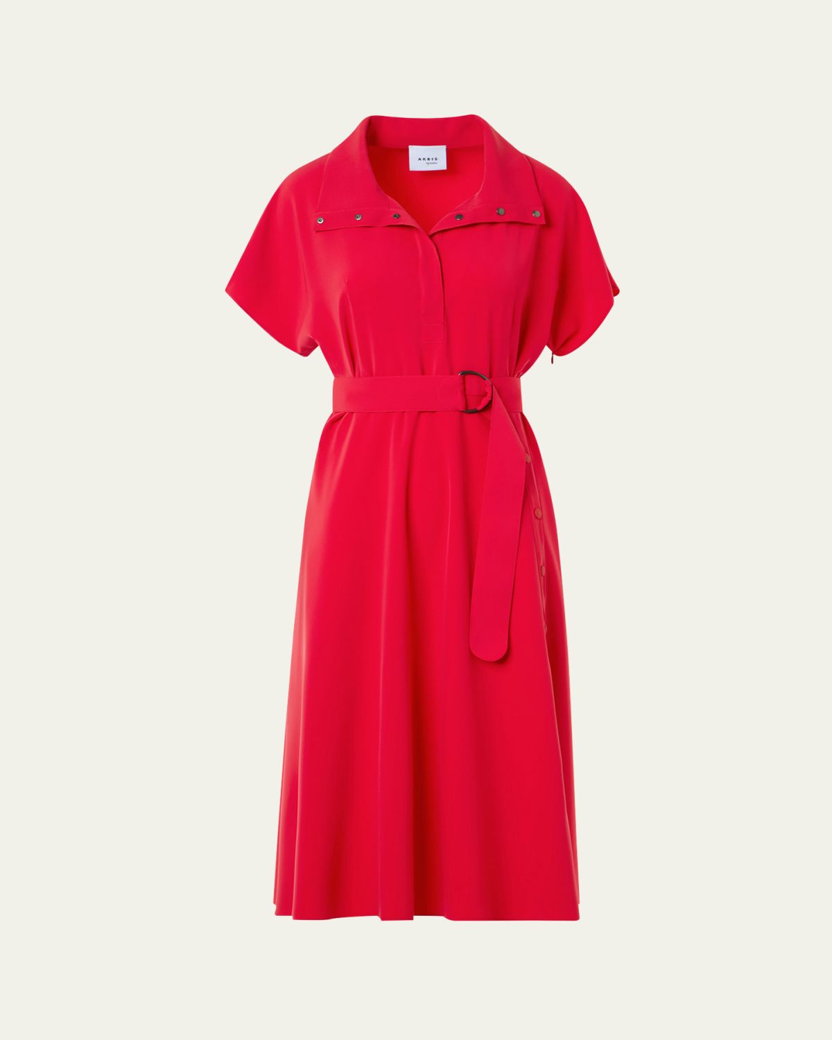 Akris punto Short-Sleeve Belted Snap-Slit Midi Shirtdress