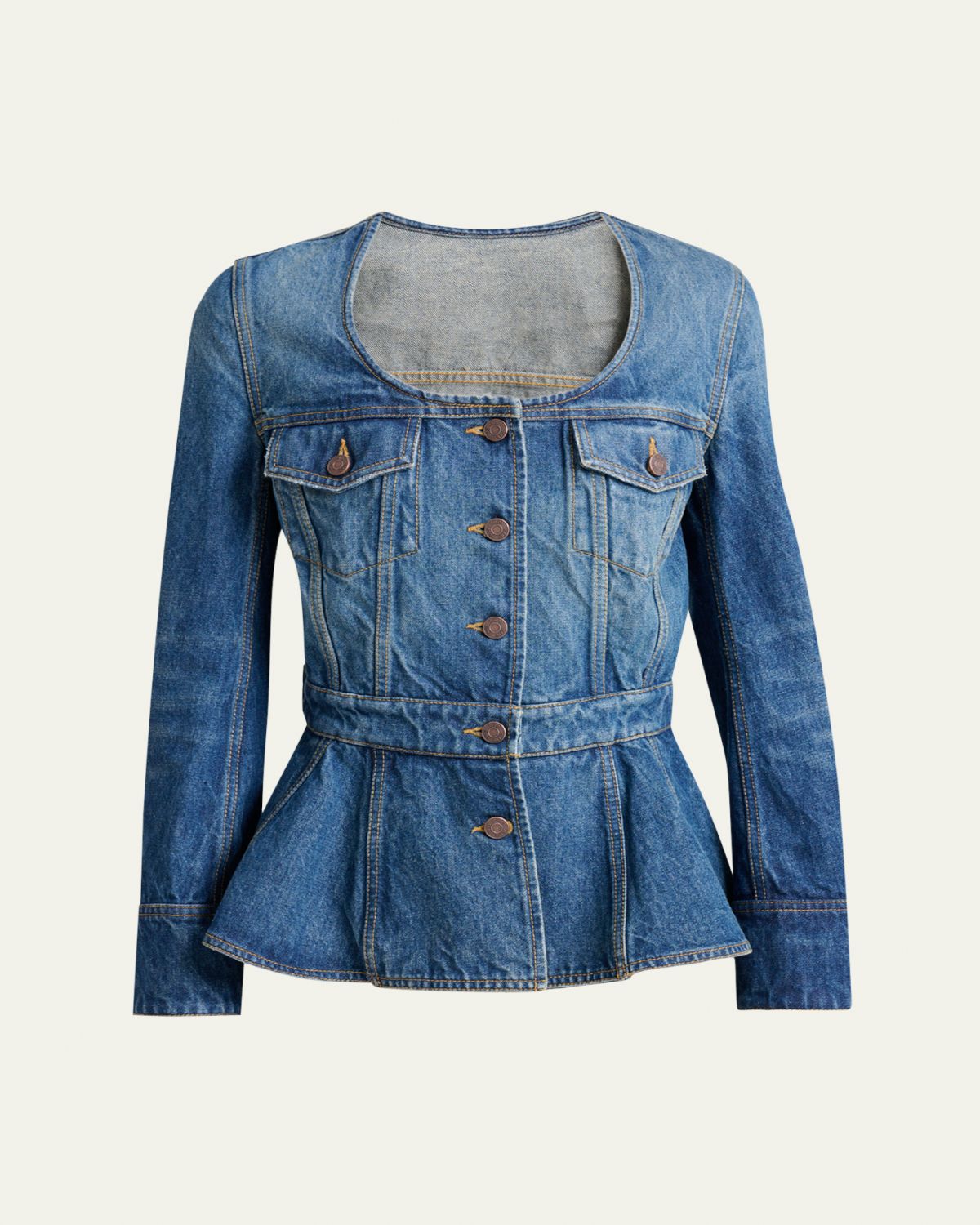 Chloe Long-Sleeve Denim Peplum Top
