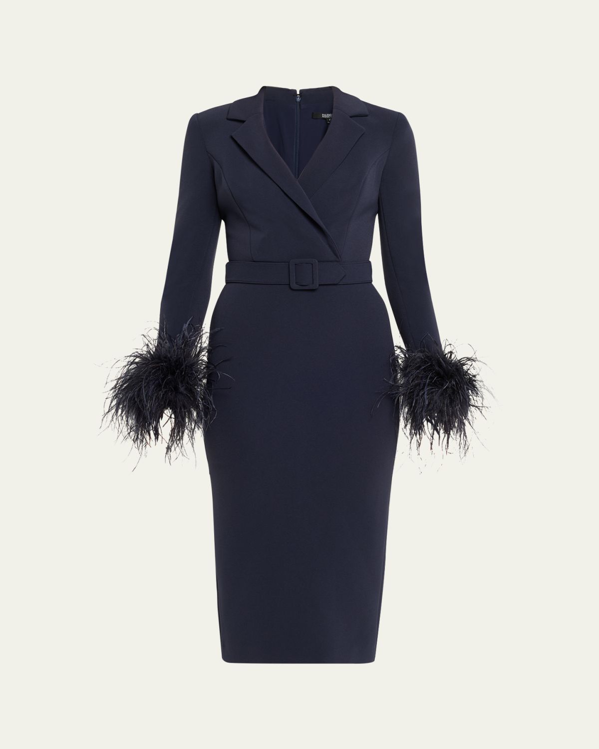 Badgley Mischka Belted Feather-Cuff Midi Sheath Dress