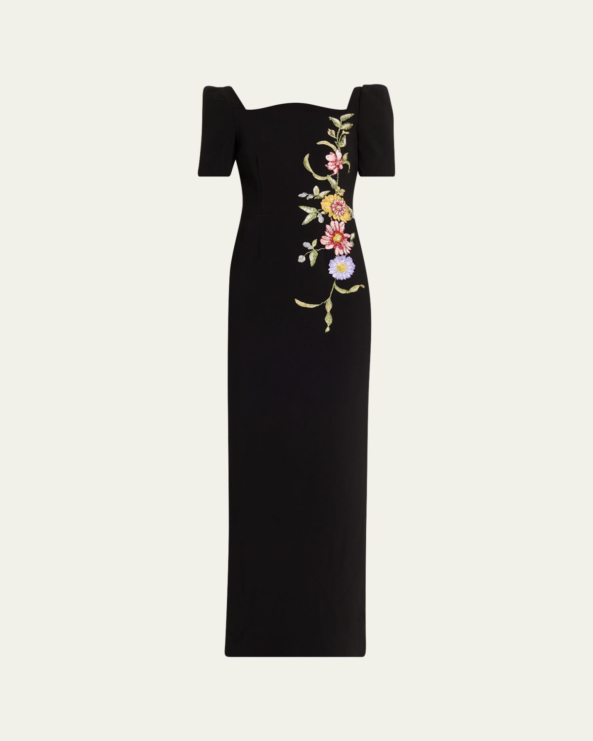 Rickie Freeman for Teri Jon Scalloped Crepe Short-Sleeve Embroidered Gown