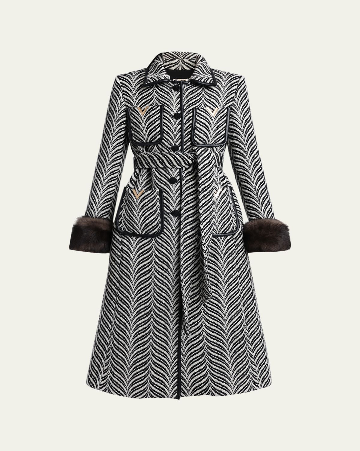 Valentino Garavani Lamb Shearling Cuff Belted Herringbone Coat