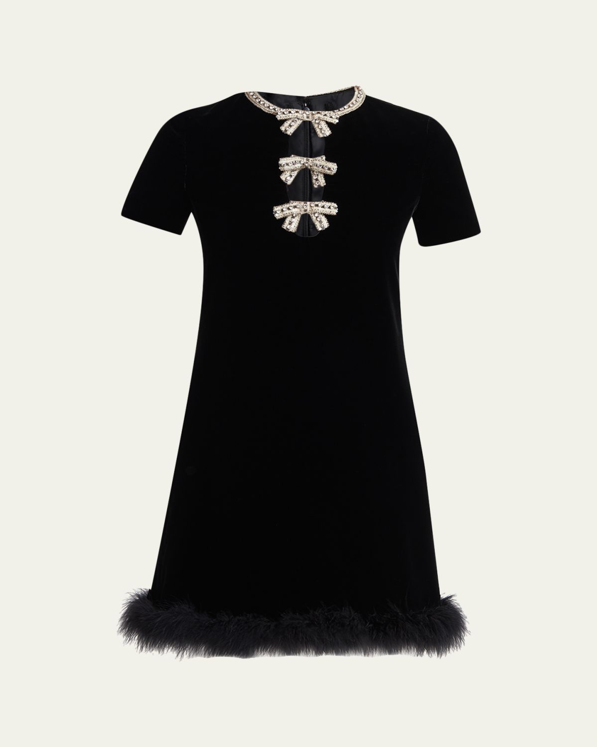 Valentino Garavani Crystal Bow Velvet Mini Dress With Feather Trim