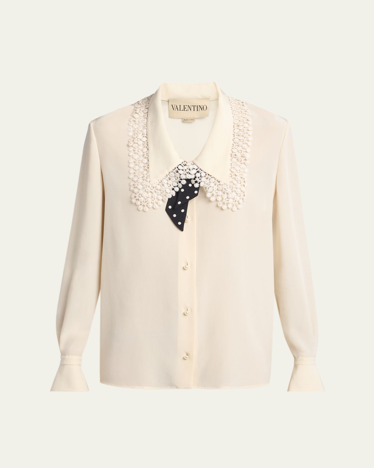 Valentino Garavani Lace-Trim Button-Down Silk Blouse With Polkadot Tie